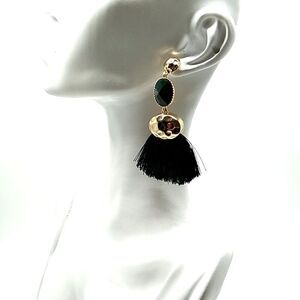 Black Hammered Gold Plated Tassel Post Earrings